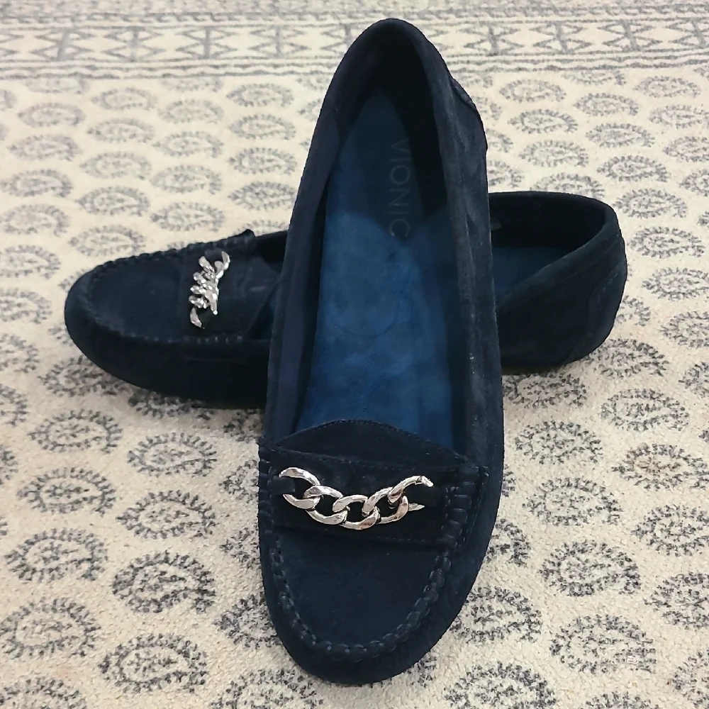 Vionic Navy Loafers with Silver Chain Accent